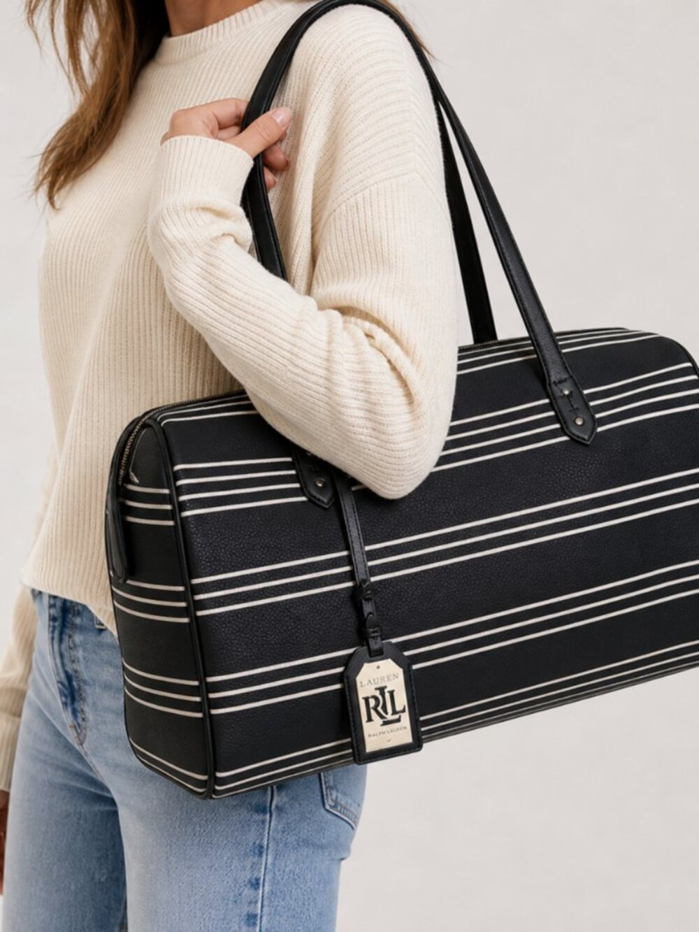 Lauren Ralph Lauren Tote Shoulder Bag Purse Black White Stripe Travel